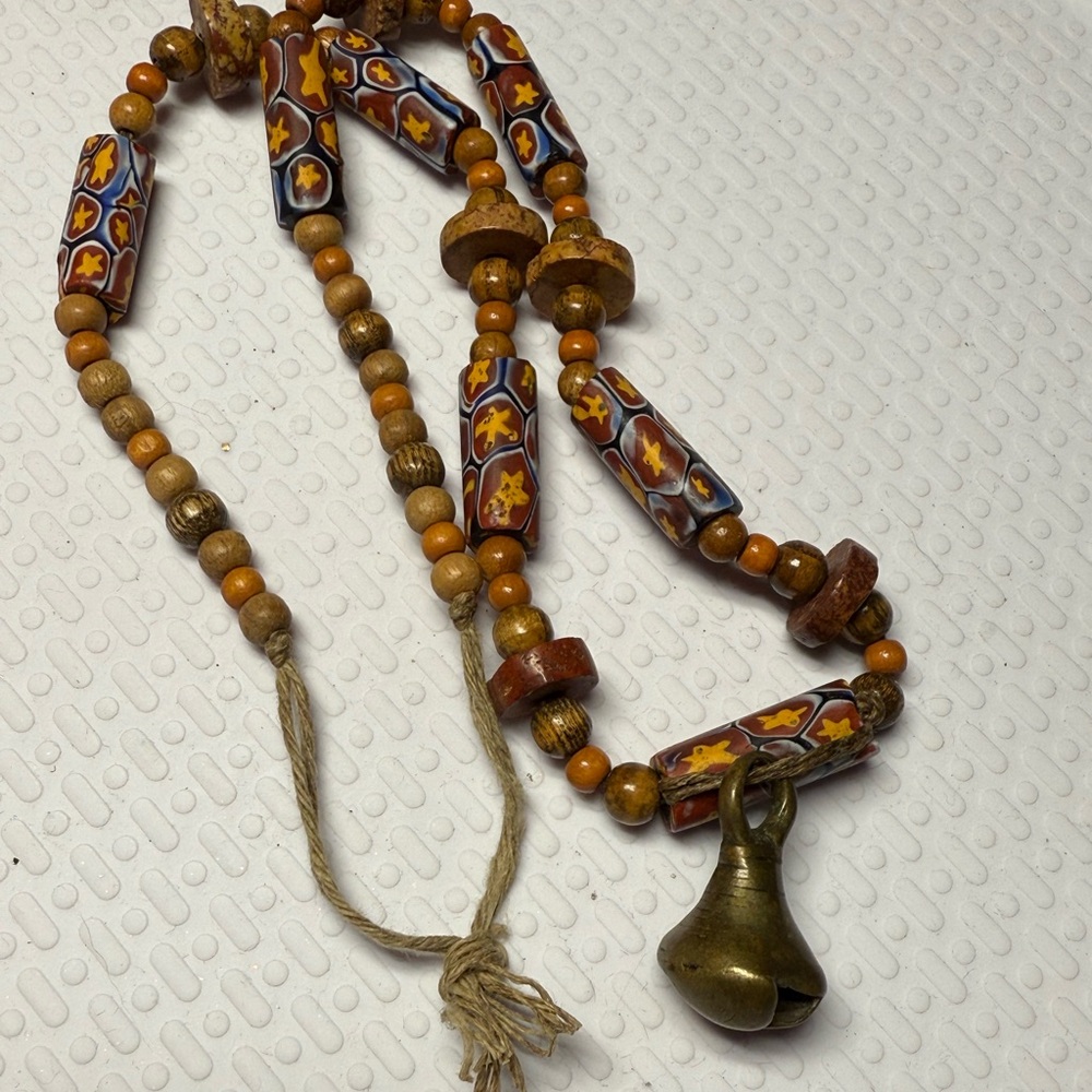 N11.)Vintage French Beaded Necklace with Brass Bell